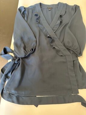 Ann Taylor  Blue Wrap Blouse with Ruffle Trim